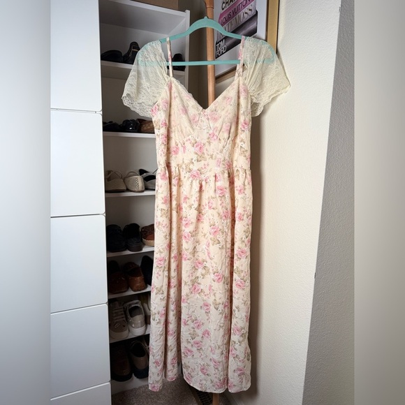 Cider NWT Floral Cream & Pink Off-Shoulder Princess Lace Dress Women’s Size 0XL - Picture 2 of 9